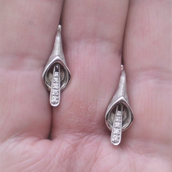 UNIQUE Russian 14K 585 White Gold CZ Cluster Calla Lily Flower Dangle Earrings - Picture 8 of 8